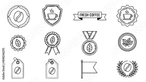 Coffee designs portray awards in minimalist style on white background or Tea icons depict various badges in outline design on plain backdrop