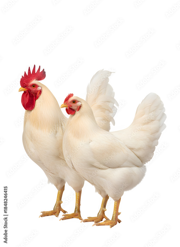 Fototapeta premium White rooster and hen standing together on transparent background