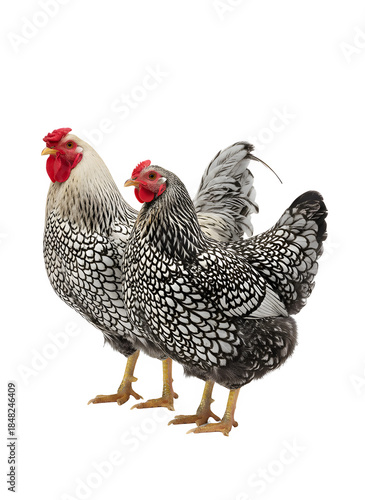 Silver laced wyandotte rooster and hen standing on transparent background