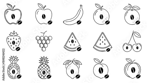 Fruits collection displaying coffee beans for beverage illustration food design or coffee bean fruits assortment combining tastes for cafe presentation outline design