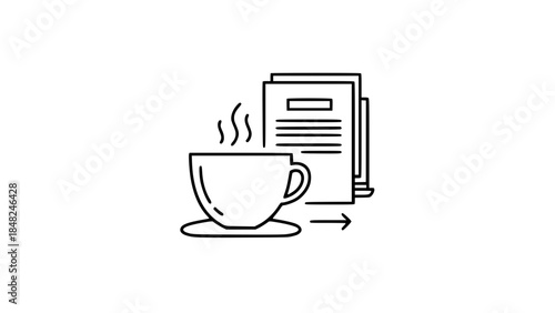 Hot coffee steaming with documents alongside in a minimal design or Warm beverage accompanying papers showing next actions in a outlined arrangement