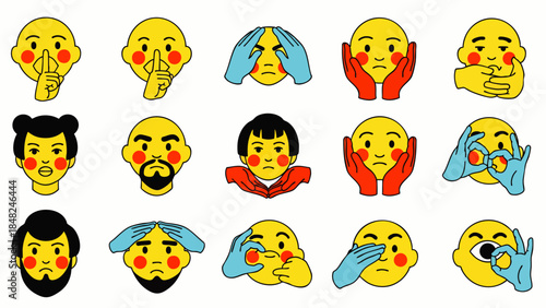 Vibrant collection of diverse cartoon faces and avatars displaying a wide range of emotions, gestures, and expressions for communication and human feelings.