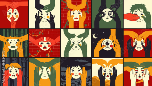 Visual representation of emotional distress with hands obscuring faces, illustrating concepts of social anxiety, mental health challenges, and the burden of external pressures.