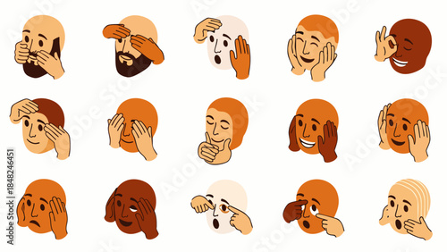 Set of diverse cartoon faces showing various emotions and expressions, close-up, isolated on white background