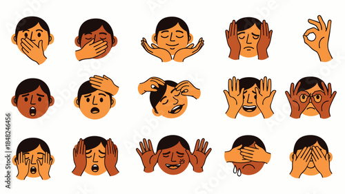 Collection of cartoon faces showing various emotions and expressions, including happiness, sadness, fear, and surprise.