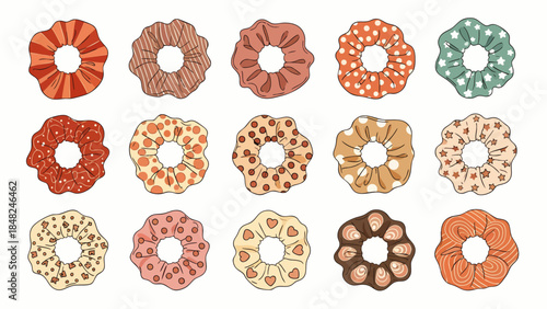 Collection of various colorful scrunchies with different patterns, perfect for fashion accessories, hair ties, retro style, and trendy aesthetics.