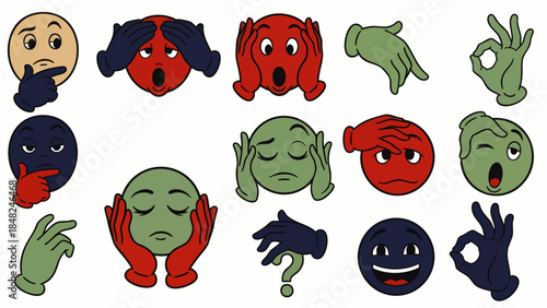 Diverse set of cartoon emojis and hand gestures illustrating various human emotions, expressions, and non-verbal communication, perfect for digital design and social media.