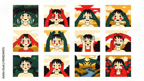 Collection of whimsical illustrations depicting a young person's emotional journey and connection with nature, expressed through colorful hands and surreal landscapes.