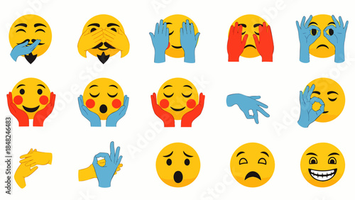 Set of Emoji Faces Expressing Various Emotions and Gestures, Including Laughter, Surprise, and Approval