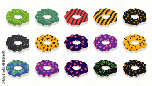 Colorful assorted cookies with decorative patterns and sprinkles, isolated on white background, studio shot