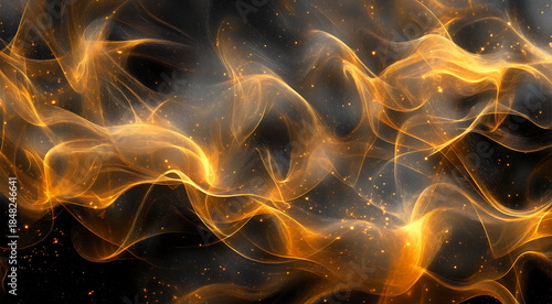 Abstract golden smoke waves swirling against a dark background, creating a mesmerizing visual effect that evokes a sense of mystery and elegance in design projects