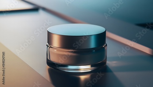 A sleek, silver skincare product jar with a clear container sits on a reflective surface, illuminated by soft, warm lighting. Perfect for skincare product showcase, beauty advertisements,