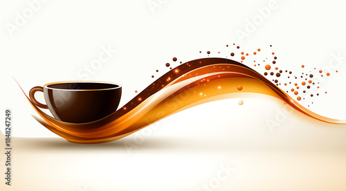 Elegant coffee cup illustration with flowing waves of rich brown tones and sparkling accents, creating a warm and inviting atmosphere for beverage lovers and cafes