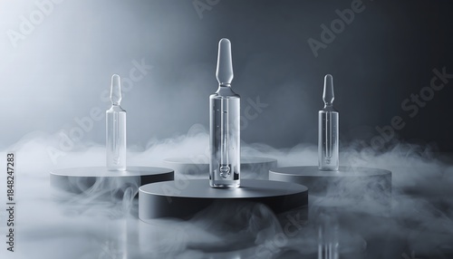 Three glass ampules on a foggy display platform with a dark background. Perfect for skincare product showcases, advertisements, and marketing materials.