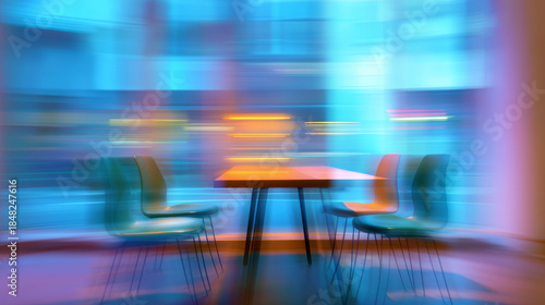 Wallpaper Mural Abstracted View of Meeting Room with Wooden Table and Chairs in Blue Tones Torontodigital.ca