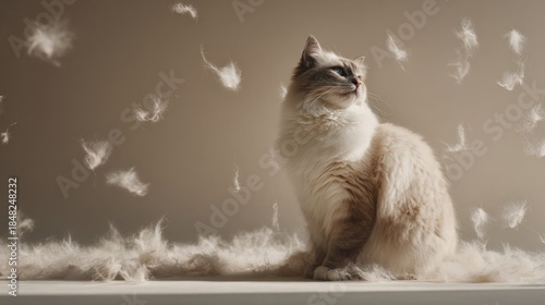 Fluffy cat shedding fur with floating tufts in soft warm studio light