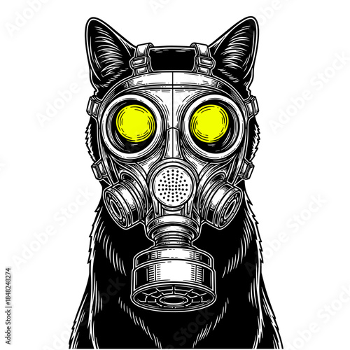 cat wearing a gas mask illustration
