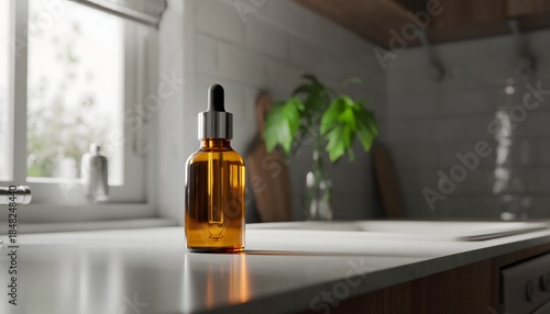 A glass amber bottle with a dropper lid, displayed on a white kitchen countertop near a window, surrounded by green plants and wooden utensils. Perfect for skincare product advertisements,