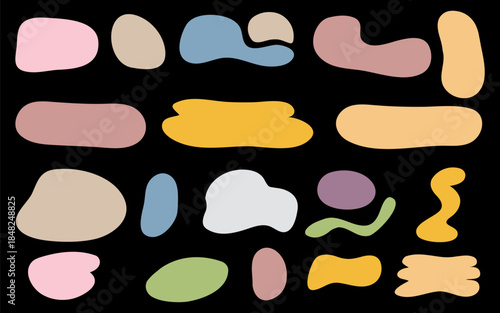 Abstract collection of pastel colored blobs. Aesthetic splatter shapes for backgrounds or design elements