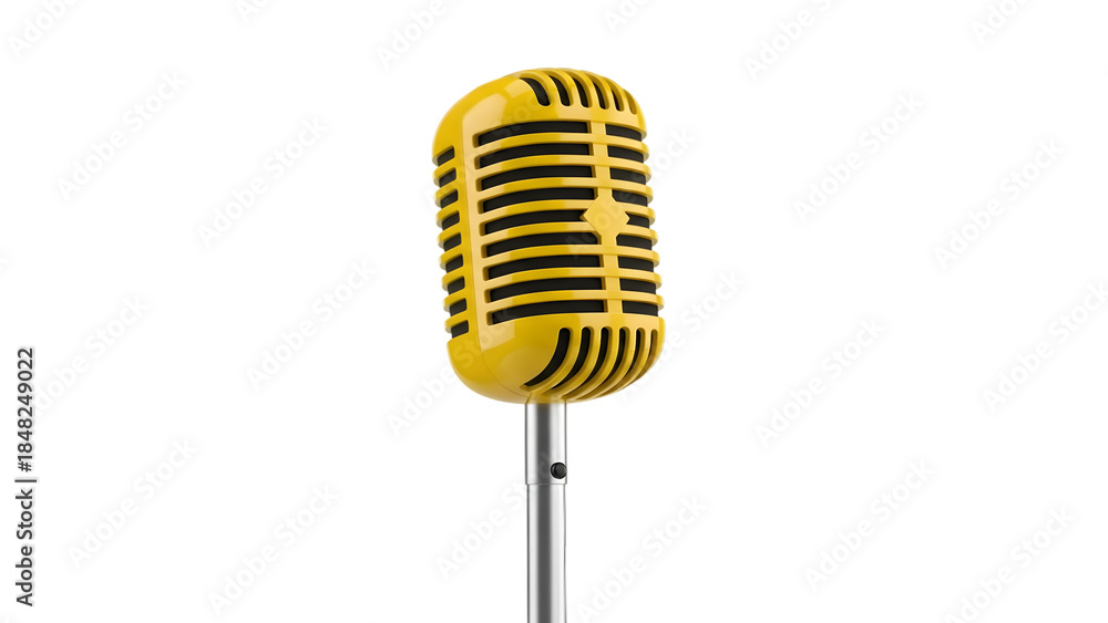 Fototapeta premium Yellow vintage microphone on stand isolated on a transparent background metal