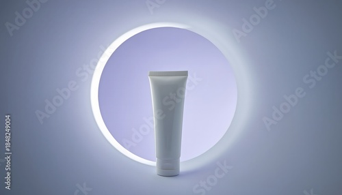 A tube of skincare product standing upright, showcased within a glowing white circle on a purple background. Perfect for skincare product showcase, beauty product advertisements, and