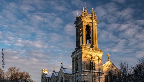 Majestic stone church bell tower covered in fresh winter snow is beautifully illuminated by warm golden hour light against a dramatic cloudy blue sky