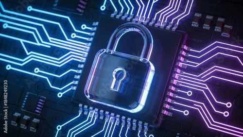 Futuristic 3D Glowing Padlock on Digital Circuit Board Background for Cyber Security