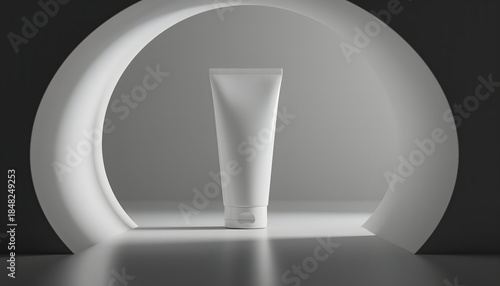 A 3D render of a skincare product tube on display in a minimalist, circular cutout with soft lighting. Perfect for product showcases, skincare advertisements, and beauty editorials.