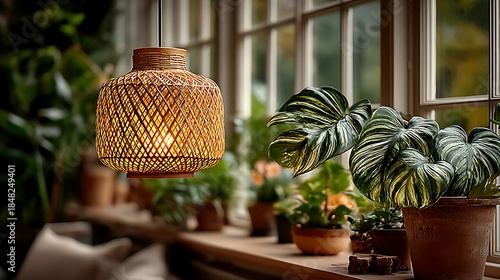 Stylish bamboo woven pendant lamp glowing warmly high resolution picture