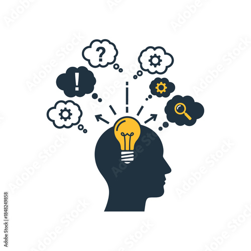 Human Head Silhouette with Lightbulb and Thought Bubbles.
