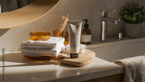 A skincare product and accessories arranged on a wooden tray in a modern bathroom setting, including a tube of cream, towels, and a comb. Perfect for skincare product showcases, beauty