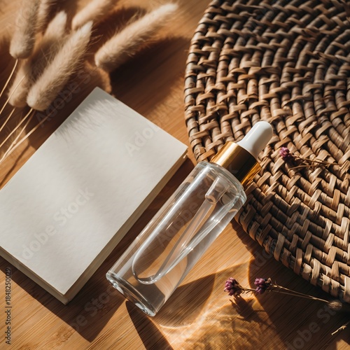 A glass skincare serum bottle with a dropper, placed on a wooden table alongside a blank white card, dried flowers, and a woven mat, under warm natural light. Perfect for skincare product