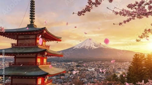 Wallpaper Mural A breathtaking panoramic view showcases a magnificent, multi-tiered traditional structure, characterized by its vibrant red and green tiered roofs. In the background, a majestic, snow-capped mountain  Torontodigital.ca