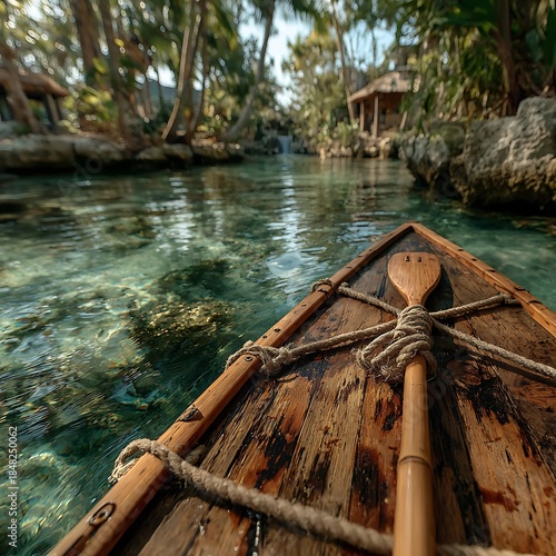 Wooden oar bamboo raft high resolution picture