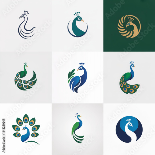 Peacock logo collection set featuring elegant bird symbols in green blue and gold minimalist modern branding design icons