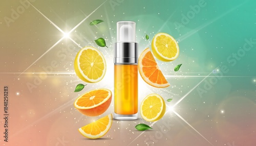 A digital illustration of a skincare product bottle surrounded by orange slices and leaves on a colorful background. Perfect for skincare product advertisements, beauty blogs, and wellness