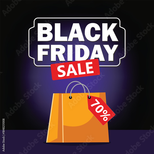 Black Friday Sale Banner with Shopping Bag and Discount Tag. Ideal for marketing, retail advertising, and seasonal sales campaigns.