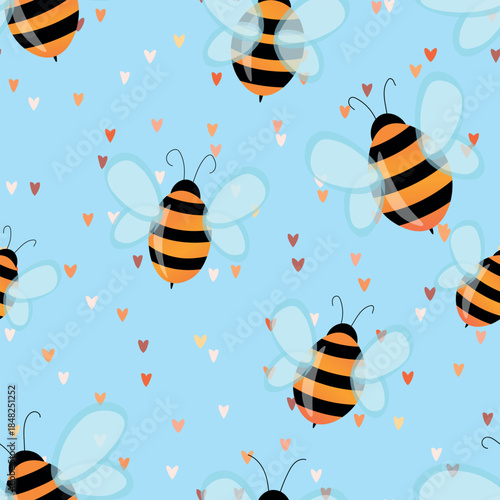 Seamless pattern with bees. Small wasp. Vector illustration. Design for invitation, cards, textile, fabric. Doodle style.
