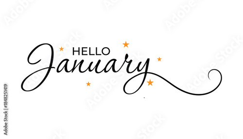 Hello january hand drawn lettering card with doodle snowlakes and bird. Inspirational winter quote. Motivational print for invitation or greeting cards, brochures, poster, t-shirts, mugs