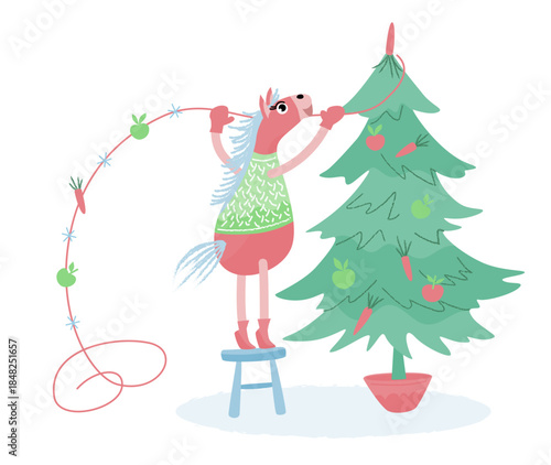Pink horse decorating a Christmas tree with a festive garland. Playful winter character in flat style, perfect for holiday cards, kids designs, and New Year themes.