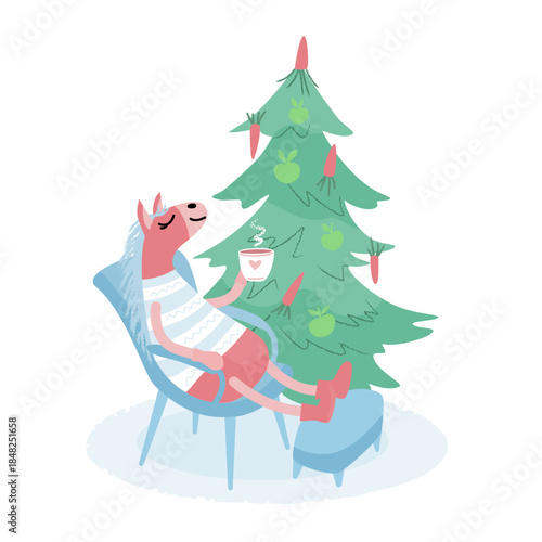 Pink cute horse relaxing in a chair with a cup of tea near a decorated Christmas tree.Cozy Christmas illustration. Cute festive character in flat style for winter holidays and cards.