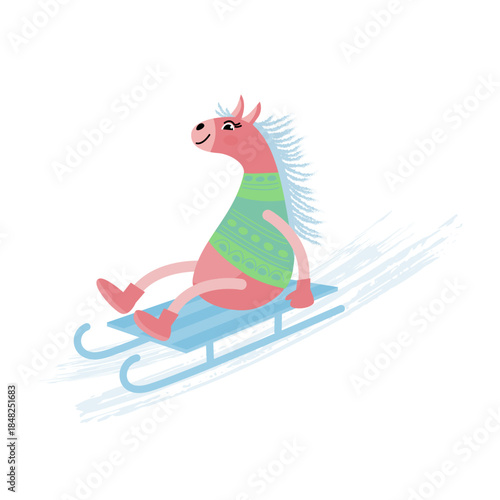 Cute festive illustration of a pink horse sliding downhill on a sled. Playful holiday character in flat style, perfect for Christmas, New Year, celebrations, cards, and kids designs.