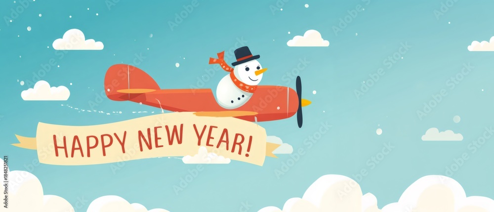 Naklejka premium Happy new year banner pulled by a red airplane flown by a snowman in a blue sky with white clouds. Winter holiday greeting card and celebration.