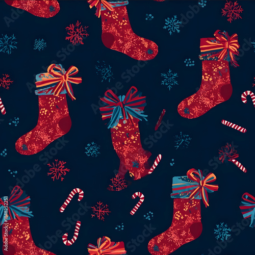 a seamless pattern of christmas stockings with candy canes and snowflakes arranged in a repeating design on a navy blue background the christmas socks have bold red hues and are adorn