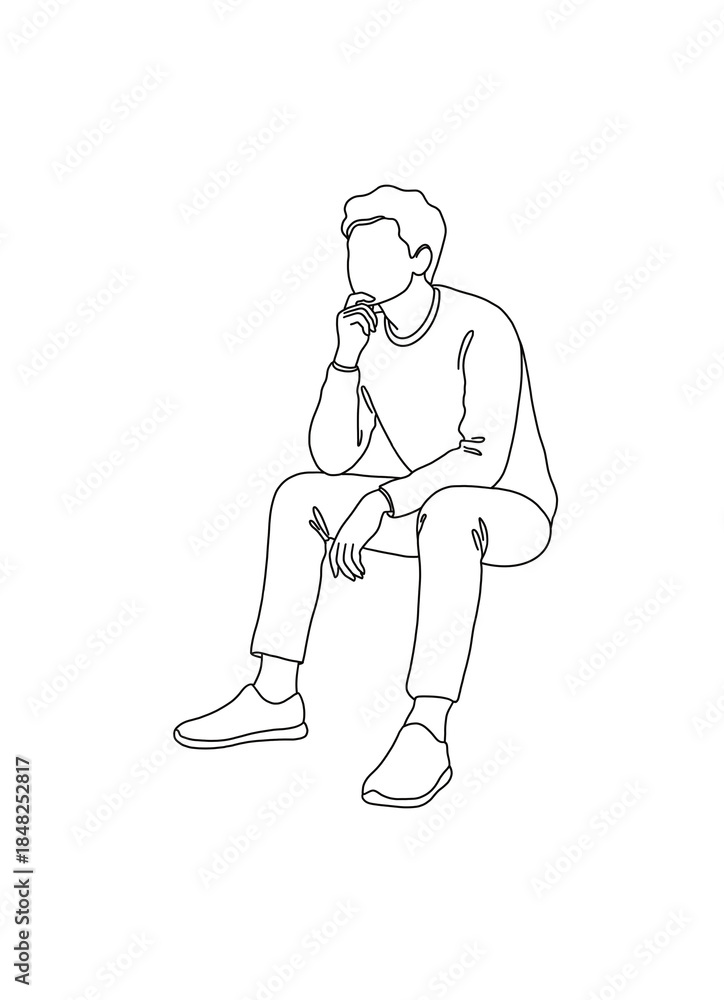 Obraz premium Young man sitting thoughtfully, wearing casual clothing 