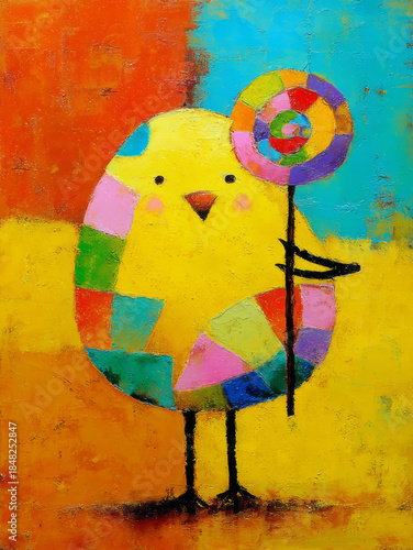 Whimsical Chick Character Holding a Colorful Swirl Lollipop Against a Textured Patchwork Background