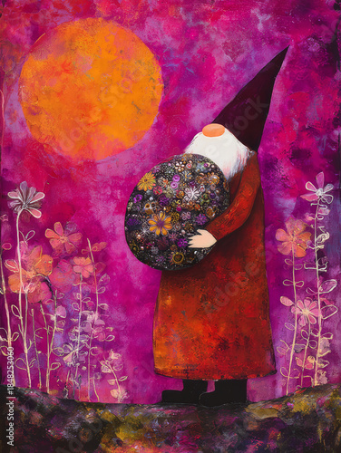 Whimsical Watercolor Gnome with Intricate Floral Orb Under a Vibrant Orange Moon