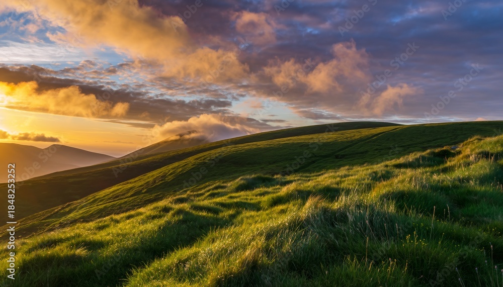 Fototapeta premium Lush green rolling hills covered in grass illuminated by the warm golden light of a dramatic sunset with beautiful clouds, creating a peaceful and epic mountain landscape
