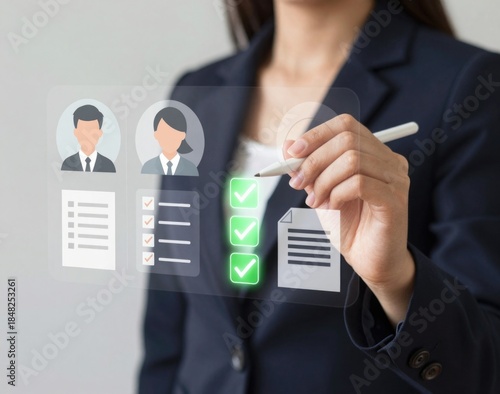 Businesswoman checking candidate profiles interface