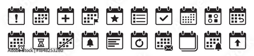 Calendar solid icon set. Planner and schedule symbols collection. Reminder, notification and event icons. Business planning, time management and appointment signs. Black calendar icons – stock vector